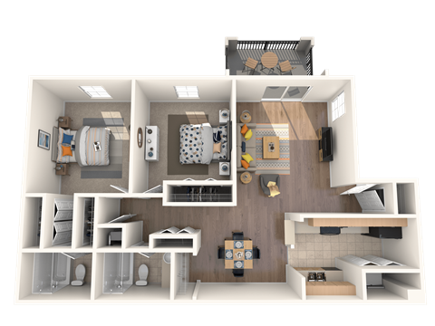 Floor plan for 2 beds, 2 baths, 1043 sqft